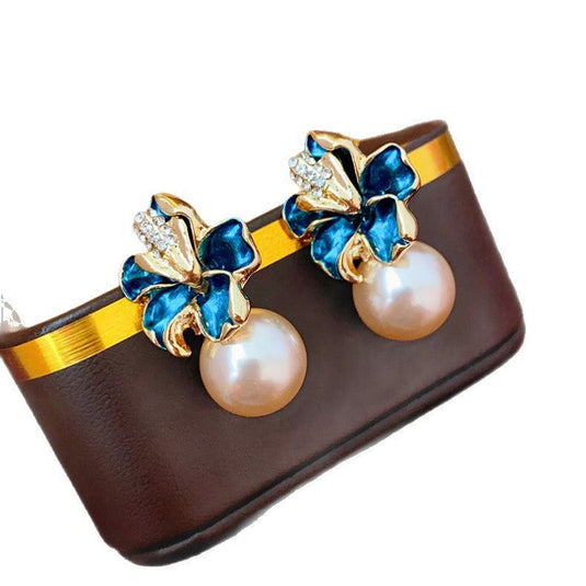 ⭐Elegant Enamel Flower Pearl Drop Earrings | Luxury Statement Studs