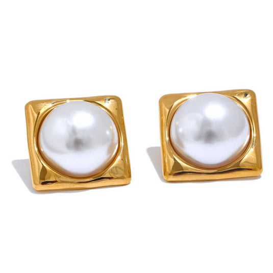 Modern Square Pearl Stud Earrings
