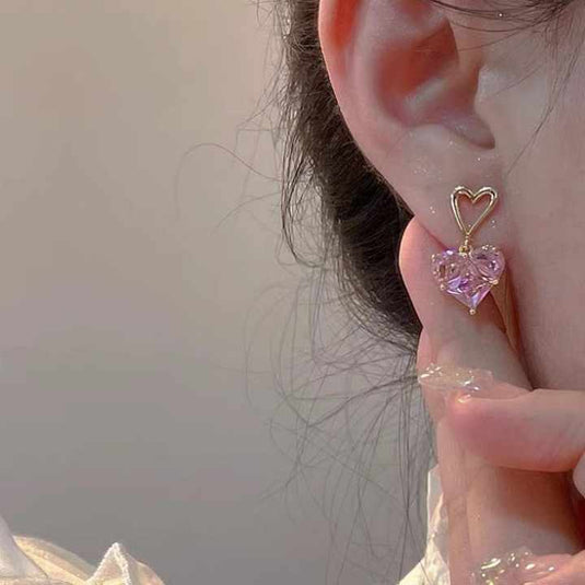 🪷Pink Crystal Heart Drop Earrings – Cute Korean Style