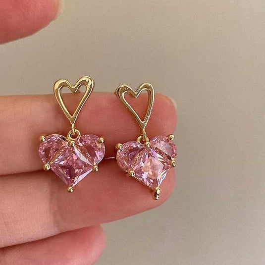 🪷Pink Crystal Heart Drop Earrings – Cute Korean Style