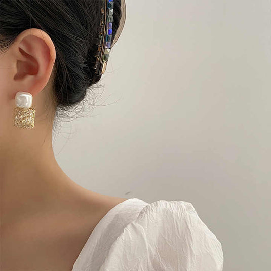 Modern Pearl & Metallic Textured Square Drop Earrings