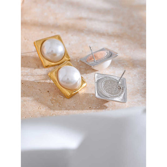 Modern Square Pearl Stud Earrings