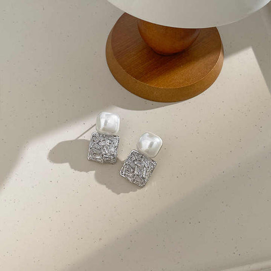 Modern Pearl & Metallic Textured Square Drop Earrings