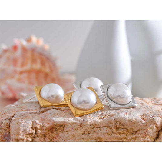Modern Square Pearl Stud Earrings