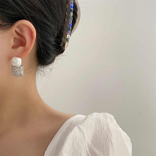 Modern Pearl & Metallic Textured Square Drop Earrings