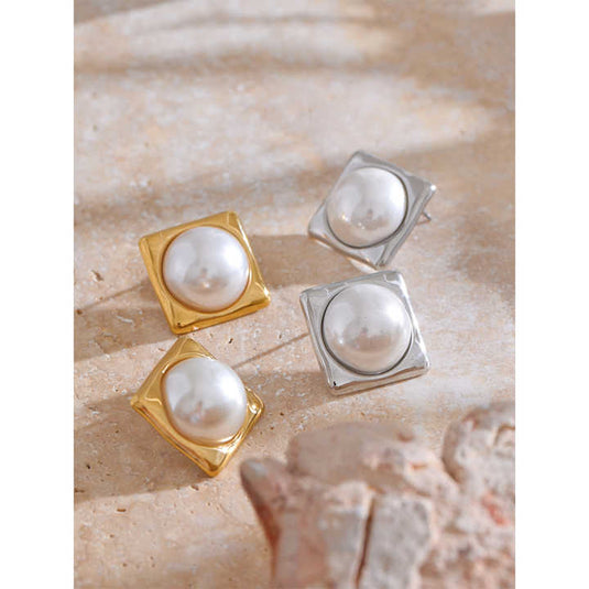 Modern Square Pearl Stud Earrings