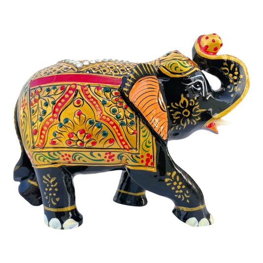 Traditional Wooden Elephant Statue – Black & Gold Gemstone Showpiece