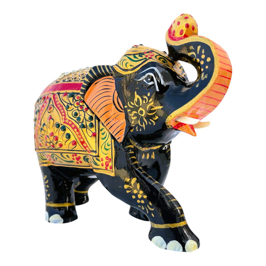 Traditional Wooden Elephant Statue – Black & Gold Gemstone Showpiece