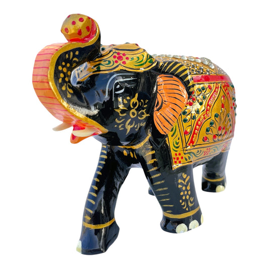 Traditional Wooden Elephant Statue – Black & Gold Gemstone Showpiece
