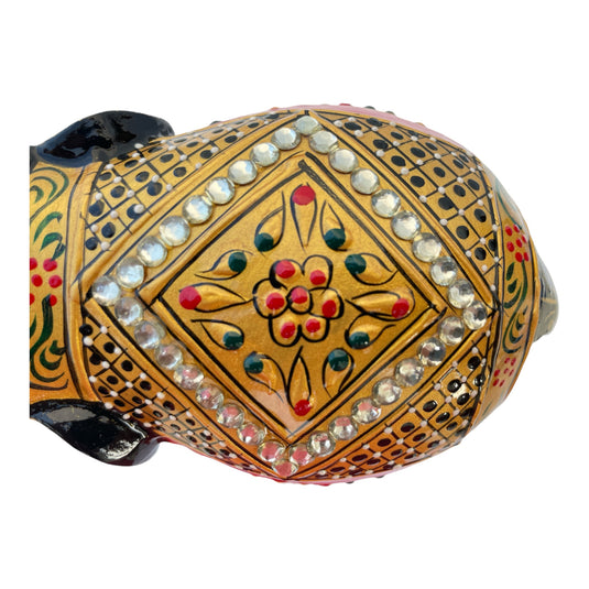 Traditional Wooden Elephant Statue – Black & Gold Gemstone Showpiece