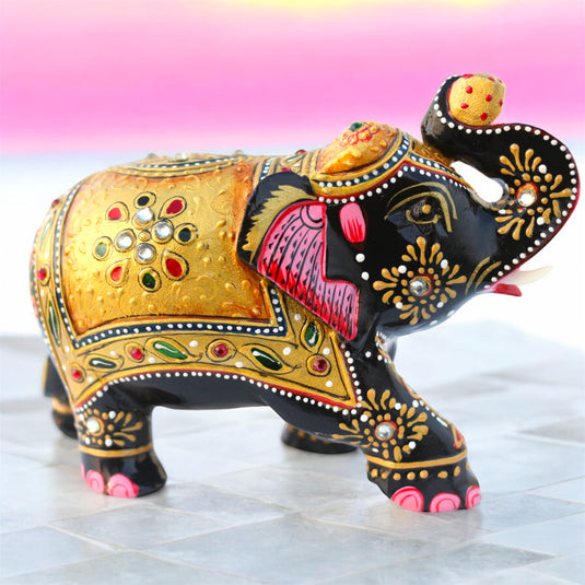 Traditional Wooden Elephant Statue – Black & Gold Home & Pooja Décor Gift