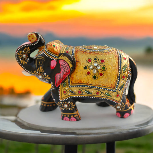 Traditional Wooden Elephant Statue – Black & Gold Home & Pooja Décor Gift