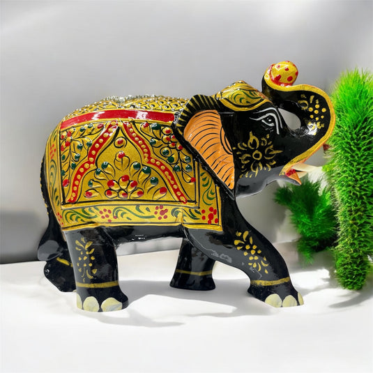 Traditional Wooden Elephant Statue – Black & Gold Gemstone Showpiece