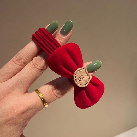 Red Velvet Bear Bow Hair Tie – Cute Soft Elastic Band ❤️🐻