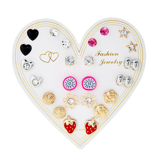 12-Pair Heart Card Stud Earrings Set – Cute Girls’ Fashion Jewelry 🍓✨ - D14