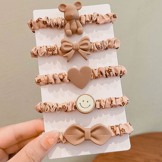 🧸 Bear & Bow Hair Band (Set of 5) – Cute Neutral Hair Ties for Girls & Teens 🌻