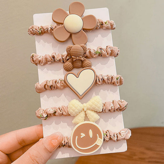 🤎 Neutral Cute Hair Bands (Set of 5) – Bear, Heart & Smile Elastics for Girls & Teens 🍪