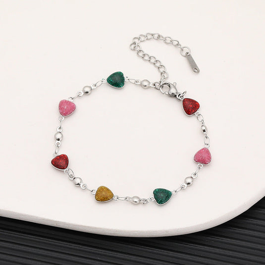 🌈 Colorful Heart Charm Bracelet – Adjustable Silver Dainty Jewelry for Girls ✨