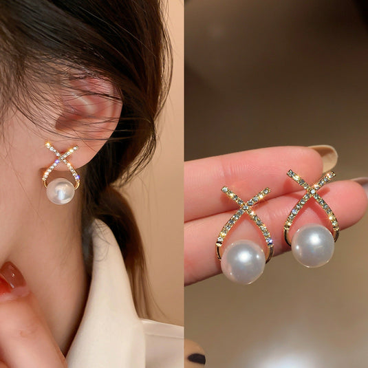 ✨ Crystal X Pearl Drop Earrings – Elegant Luxury Statement 🤍