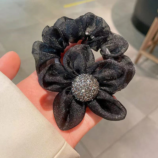 Black Glitter Flower Scrunchie – Elegant Crystal Center Hair Tie ✨🌸