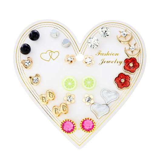 12-Pair Heart Card Stud Earrings Set – Cute Girls’ Daily Wear Jewelry 🍋✨- D17