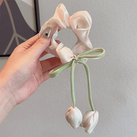 🌷 Sweet tulip flower rubber band (Beige)– Elegant Bow Hair Tie for Girls & Teens 💖