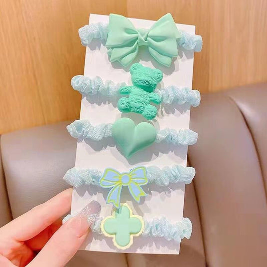 🌿 Mint Bow & Bear Hair Band (Set of 5) – Pastel Green Hair Elastics for Girls & Teens 🧸