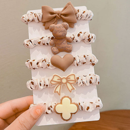 🍯 Caramel Bow & Bear Hair Band (Set of 5) – Sweet Hair Elastics for Girls & Teens 🧸