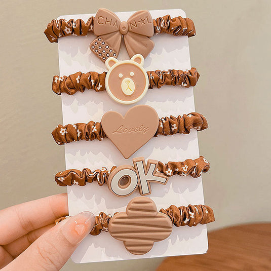 🤎 Lovely Brown Hair Band (Set of 5) – Bear, Bow & Heart Elastic Hair Ties for Girls 🍫