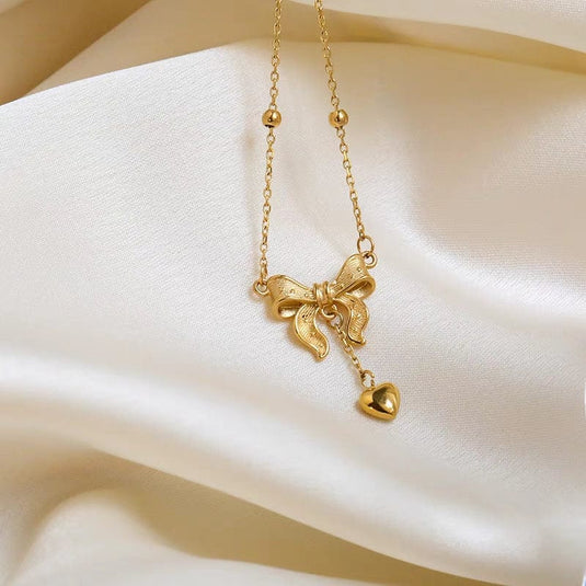💖 Bow Knot Heart Tassel Necklace – Dainty & Elegant