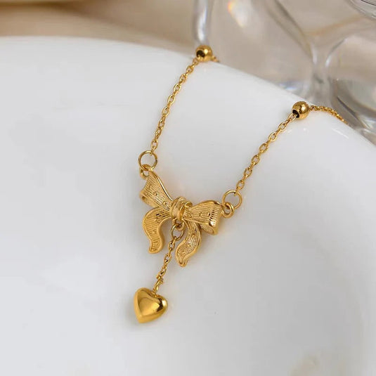 💖 Bow Knot Heart Tassel Necklace – Dainty & Elegant
