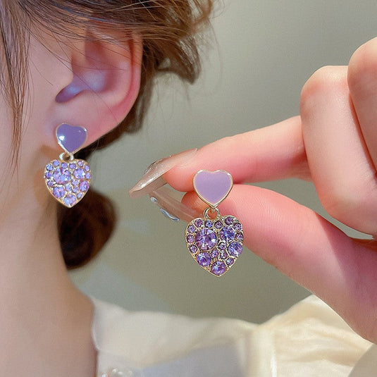 💜 Lavender Heart Drop Earrings – Cute Crystal Statement Jewelry for Girls ✨