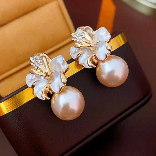⭐Elegant Enamel Flower Pearl Drop Earrings | Luxury Statement Studs