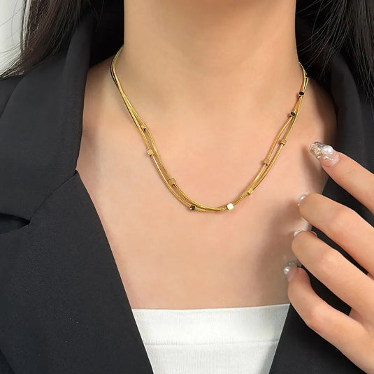 ✨ Double-Layer Herringbone Cubic Square Beads Necklace – Elegant, Edgy, Everlasting