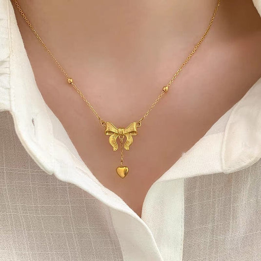 💖 Bow Knot Heart Tassel Necklace – Dainty & Elegant