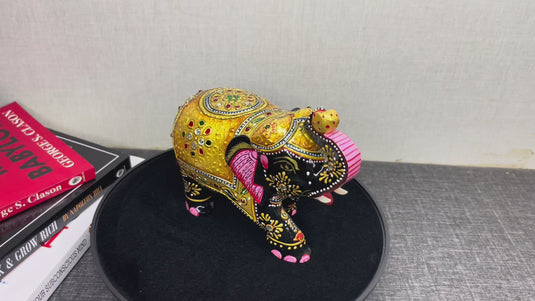 Traditional Wooden Elephant Statue – Black & Gold Home & Pooja Décor Gift